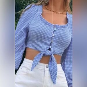 Zara NWOT Gingham Blue & White Button Down Tie Crop Farm Cottage-core Barn Top